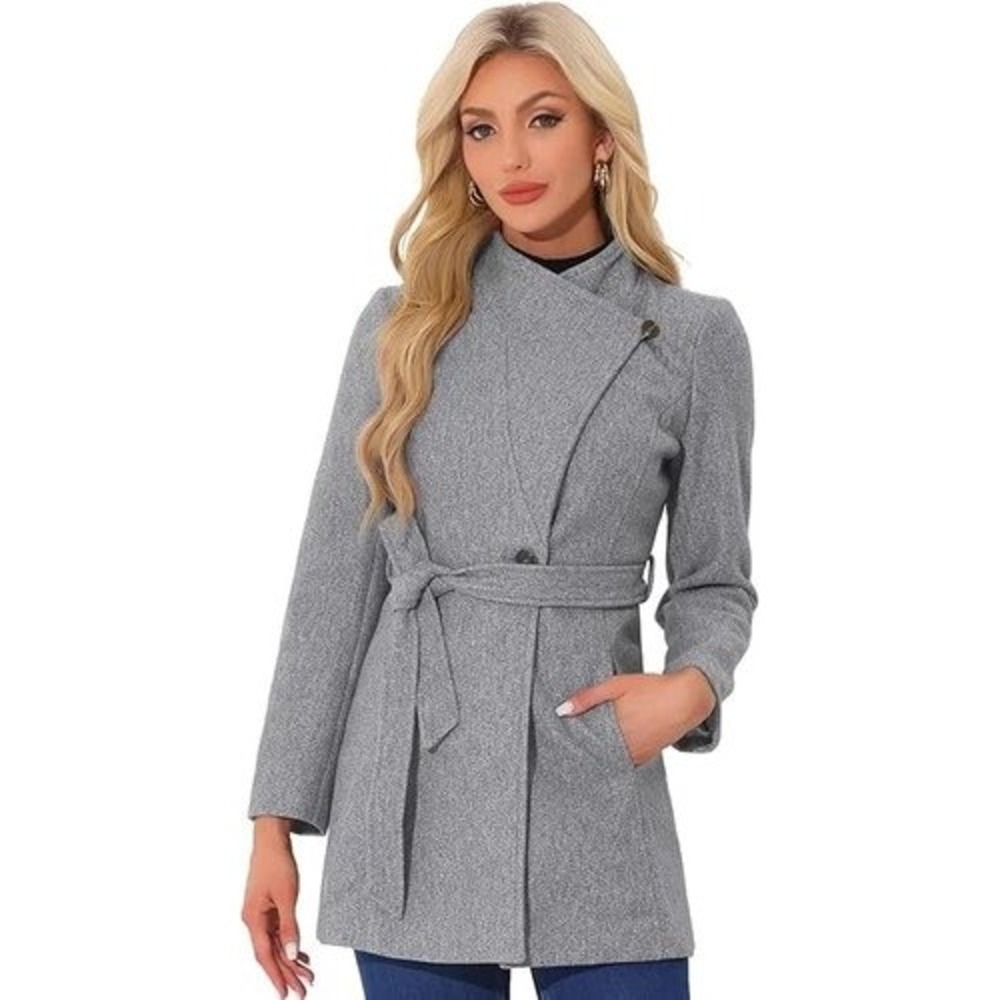 Allegra K Wrap Coat Women XS Gray Belted Overcoat Trench Minimalist Quiet Luxury - Picture 11 of 11